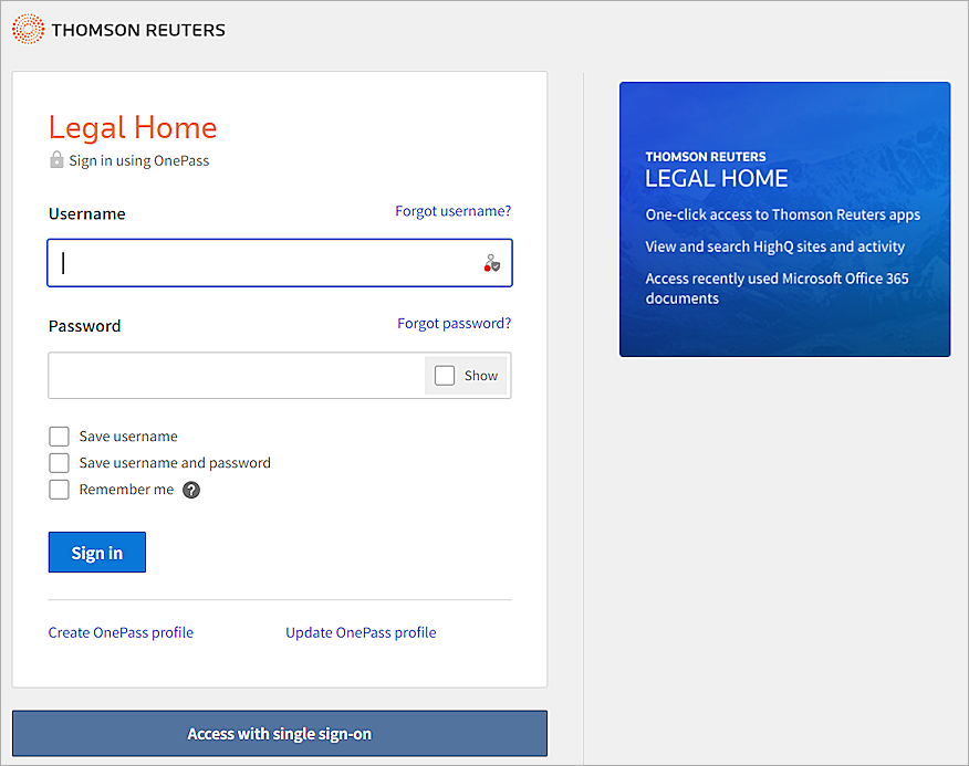 Legal Home log in page